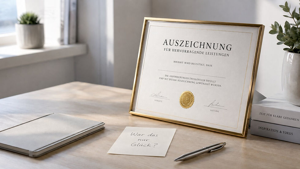 Ruhige symbolische Darstellung eines beruflichen Erfolgs, der trotz sichtbarer Leistung von Selbstzweifeln begleitet wird.