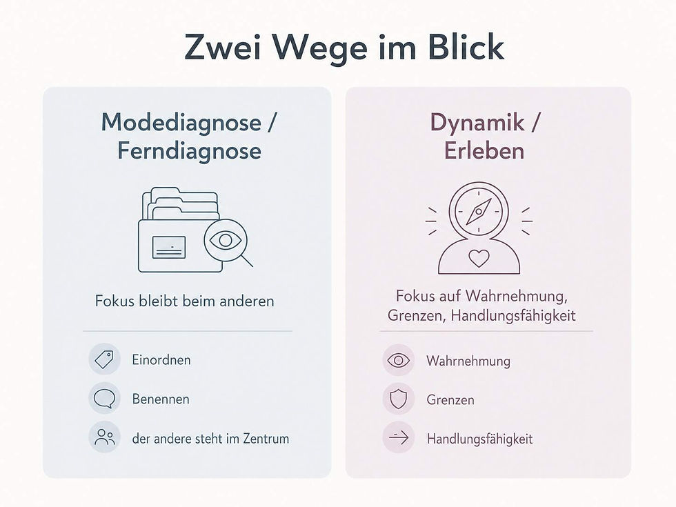 Grafik zum Unterschied zwischen vorschneller Narzissmus-Diagnose und Blick auf Beziehungsdynamik