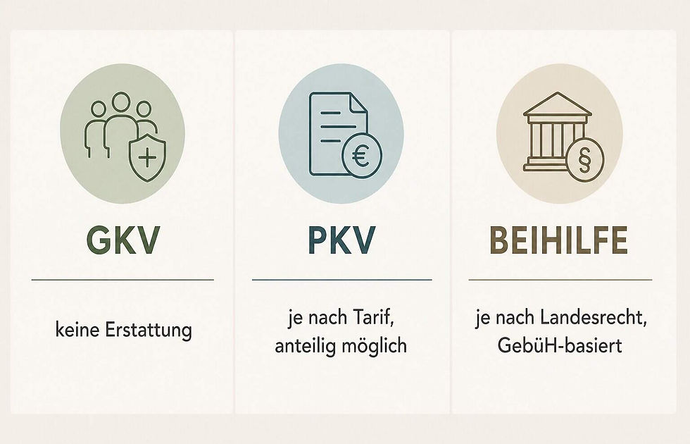 Übersicht zur Kostenerstattung für Psychotherapie beim Heilpraktiker: GKV keine Erstattung, PKV je nach Tarif anteilig möglich, Beihilfe je nach Landesrecht auf GebüH-Basis in der Psychotherapie in Rosenheim.