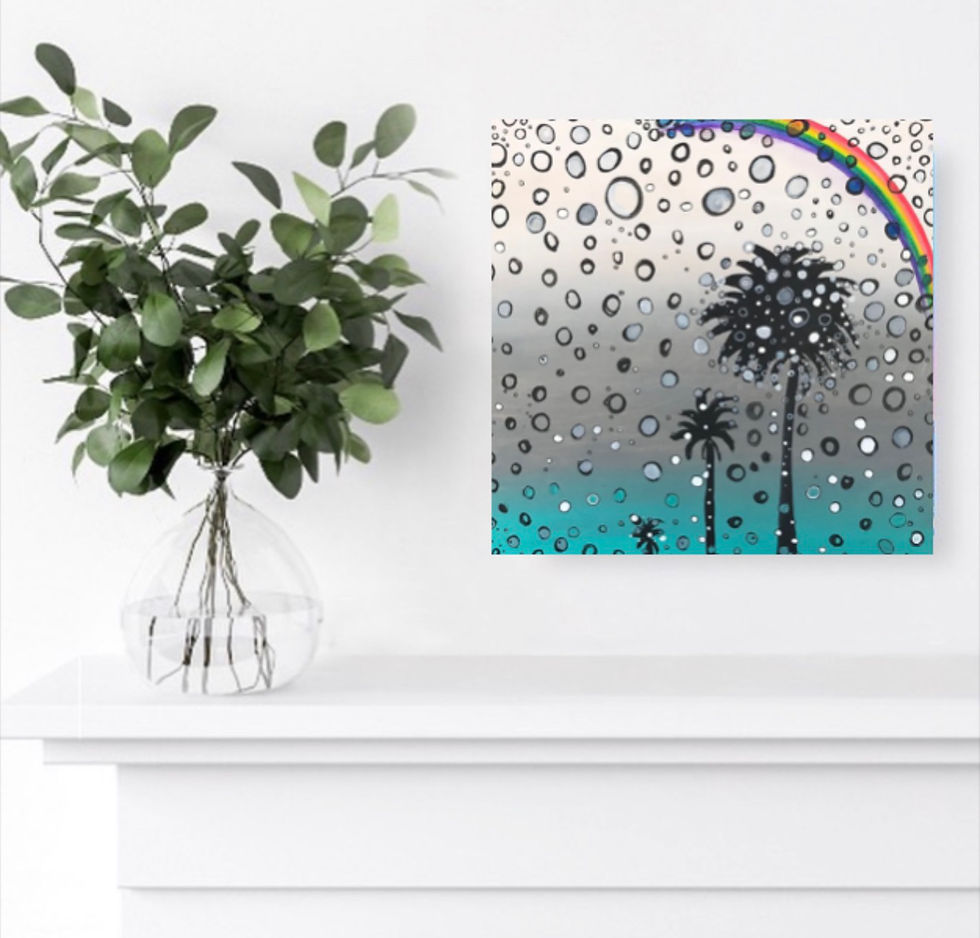 Splash, 2017 acrylic painting by Drica Lobo featuring raindrops, silhouetted palm trees, turquoise water and a colorful rainb