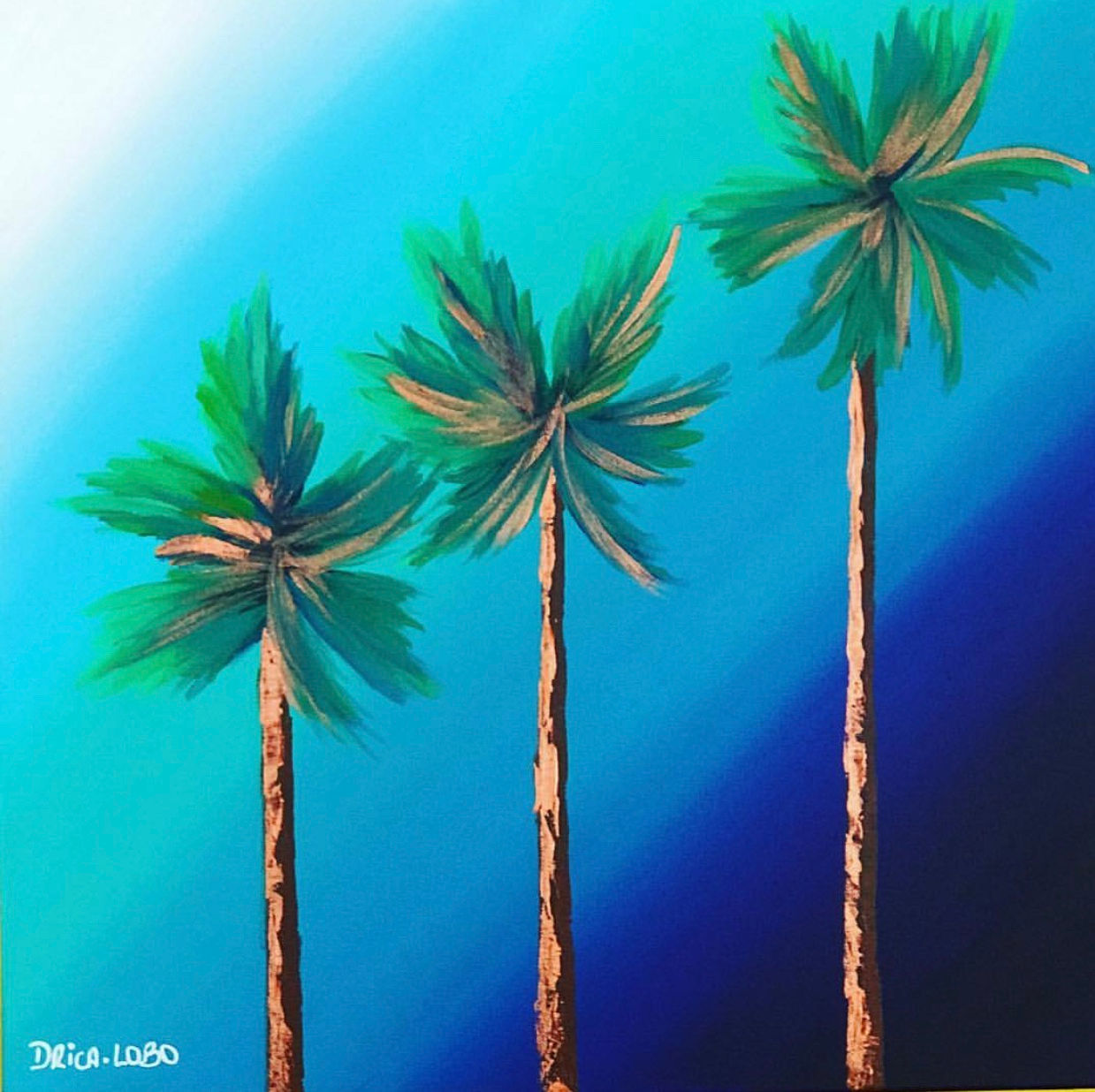 an original contemporary palm tree painting by Drica Lobo featuring California-inspired coastal scenery in expressive acrylic