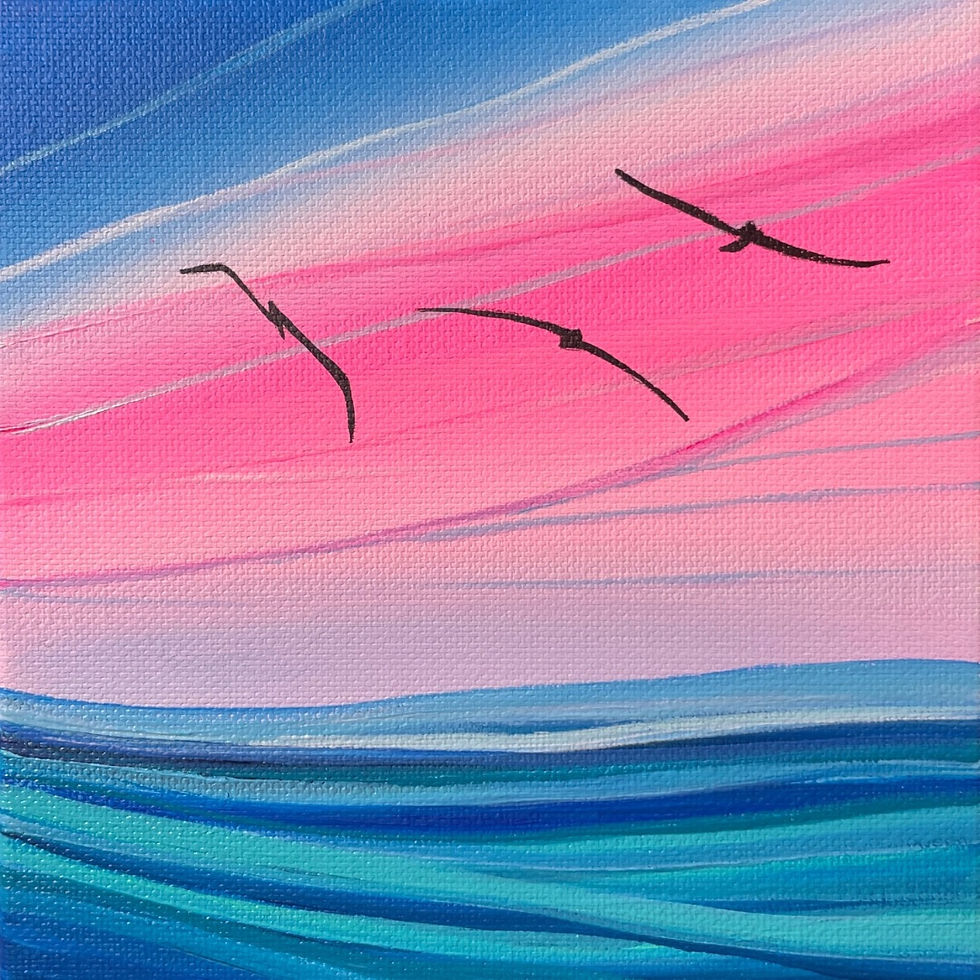 bird painting, pink sky art, uplifting seascape, minimalist bird trio, dreamy coastal décor, pastel waves