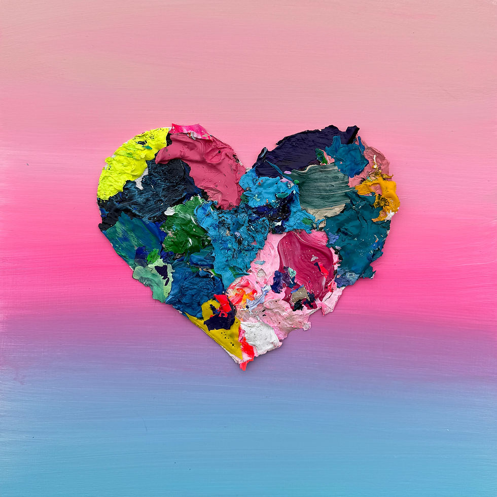 Colorful textured heart artwork on a pink and blue gradient background.