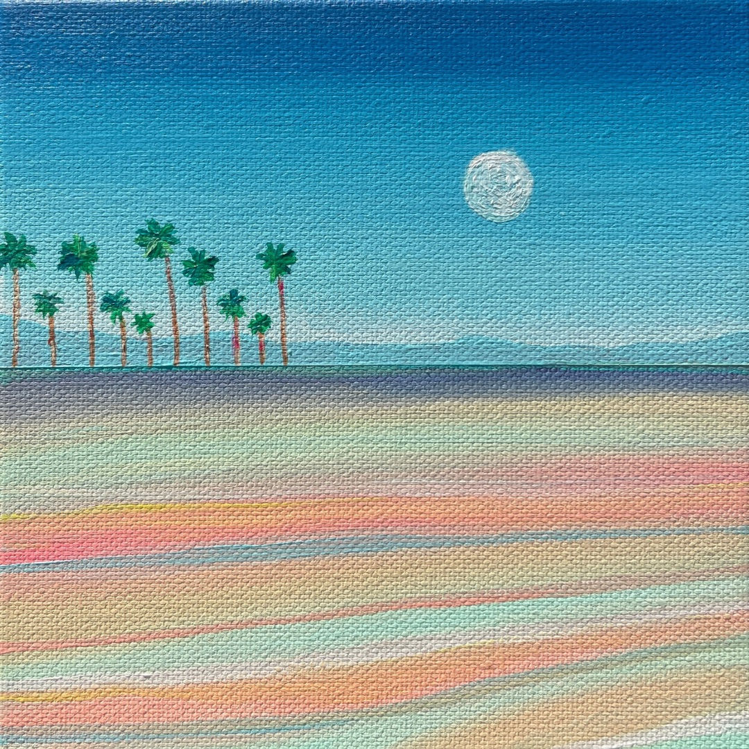 moon painting, palm horizon art, pastel seascape, serene night décor, celestial coastal art, dreamy water