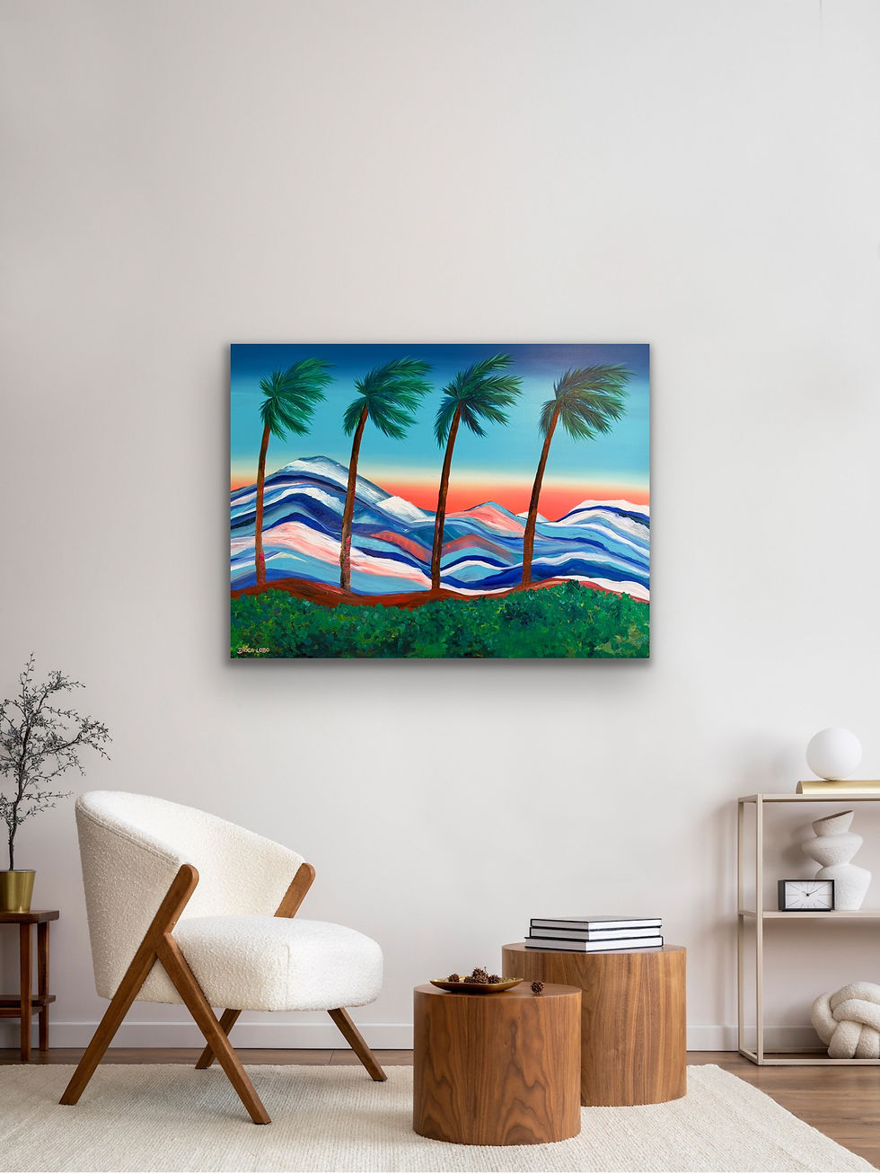 an original contemporary palm tree painting by Drica Lobo featuring California-inspired coastal scenery in expressive acrylic