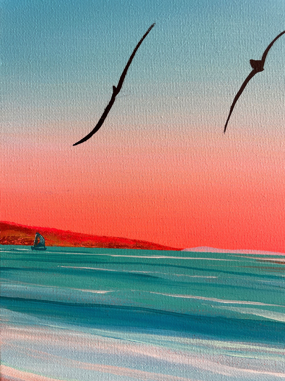 Thumbnail: Flight Home painting, Drica Lobo Birth Beauty collection, Birds coastal painting, California cliffside art, Mother's Day coas