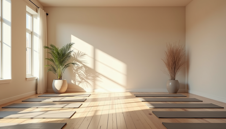 Eye-level view of a serene yoga studio with mats and natural light