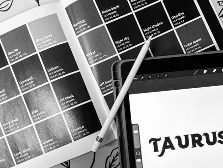 Color dictionary and a hand-lettered logo "Taurus"