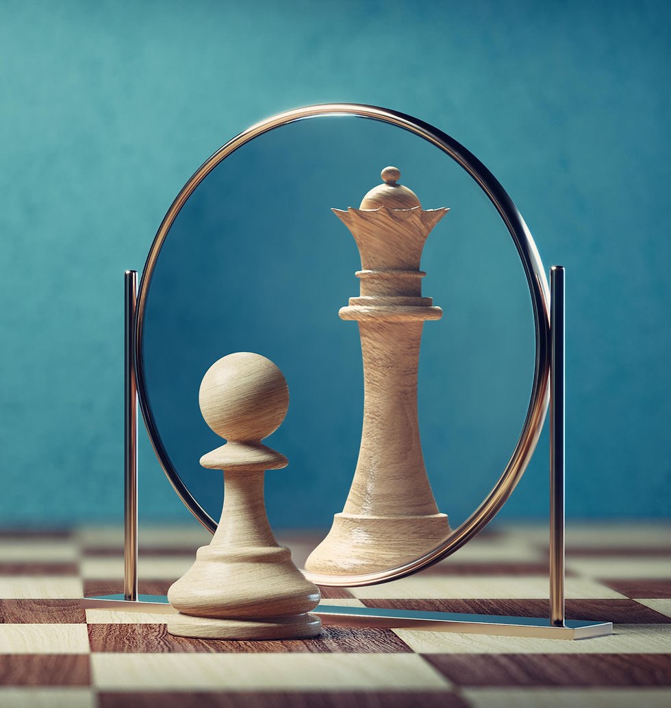 A pawn in front of a mirror sees a queen version of itself, revealing its potential to become something greater.
