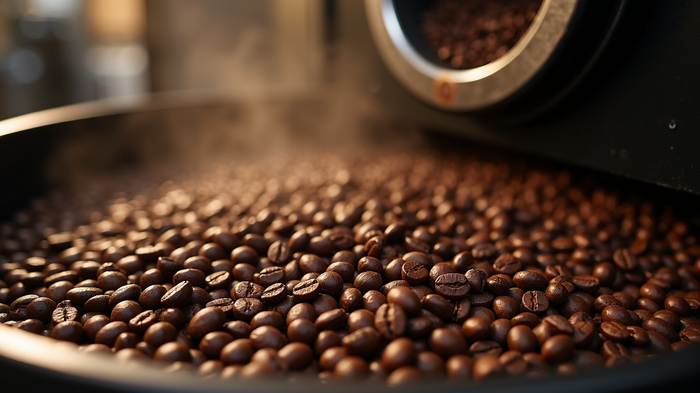 Eye-level view of coffee beans roasting in a drum roaster