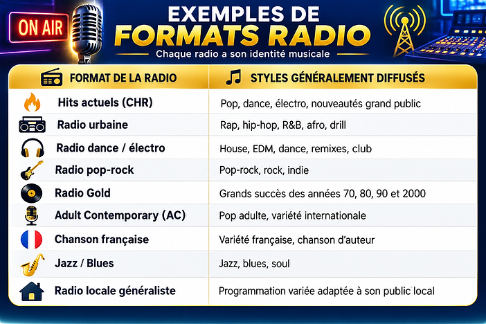 Comparatif des formats musicaux diffusés par les radios selon leur identité et leur programmation.