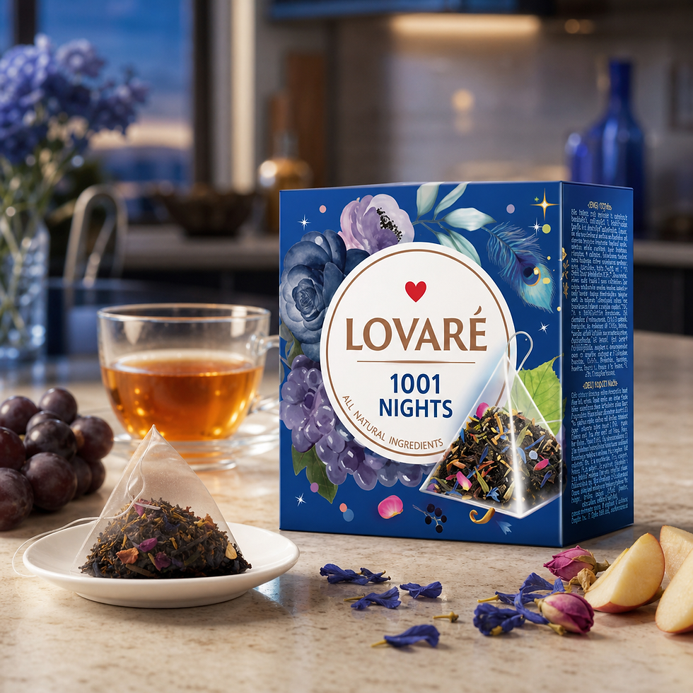 Cup of brewed 1001 Nights loose leaf black tea next to the Lovaré gift tube