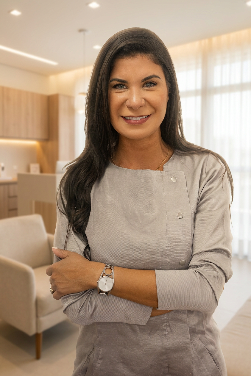 Tabata Panozzo em uniforme cinza, braços cruzados, sorriso acolhedor, fundo neutro, foco no rosto, transmite profissionalismo e acolhimento, formato retrato.