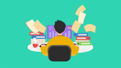 Illustration of person sitting at a desk with lots of books and paper everywhere