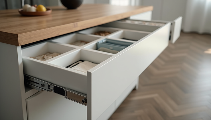 Close-up view of modular kitchen drawers with soft-close mechanism and organized storage