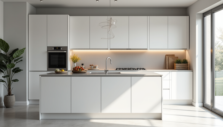 Eye-level view of a sleek acrylic finish modular kitchen with island and modern appliances in Rudrapur