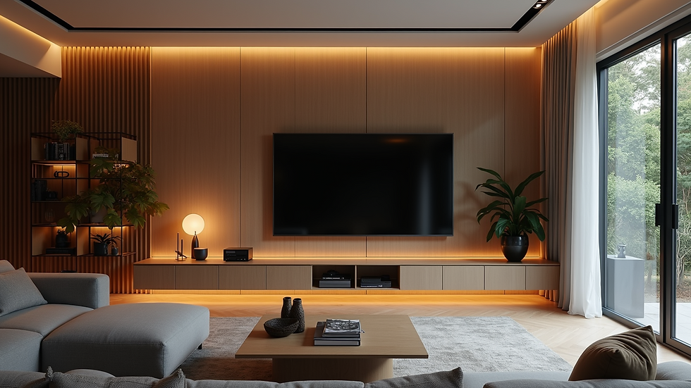 High angle view of a living room with smart lighting and modern entertainment system
