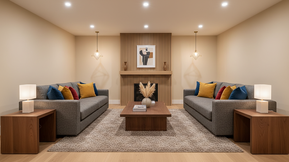 Eye-level view of a cozy living room with wooden furniture and colorful cushions