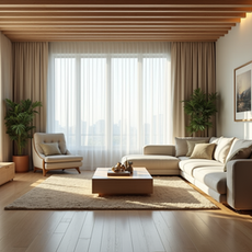 sofa sets and tv unit with wooden ceiling in the room