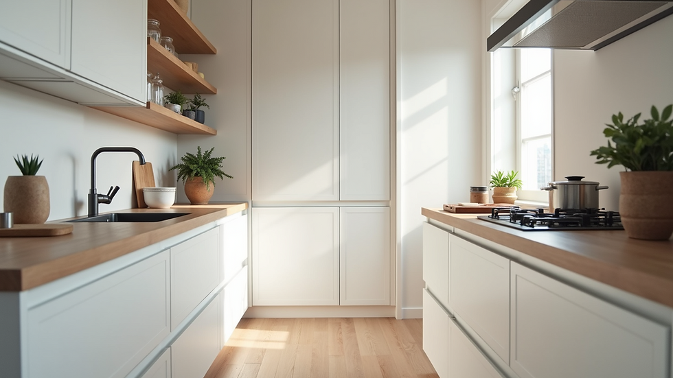 Eye-level view of a sleek modular kitchen with white cabinets and wooden countertops