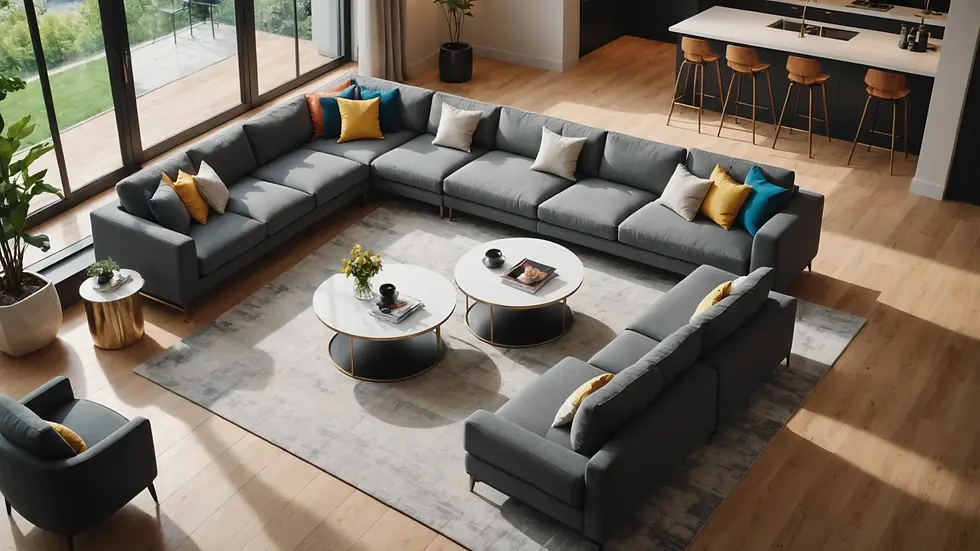 High angle view of modern interior design featuring composite furniture