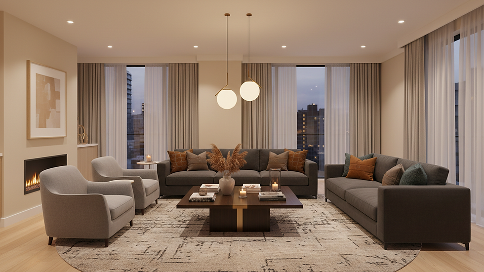 Eye-level view of a modern living room with warm lighting and comfortable furniture