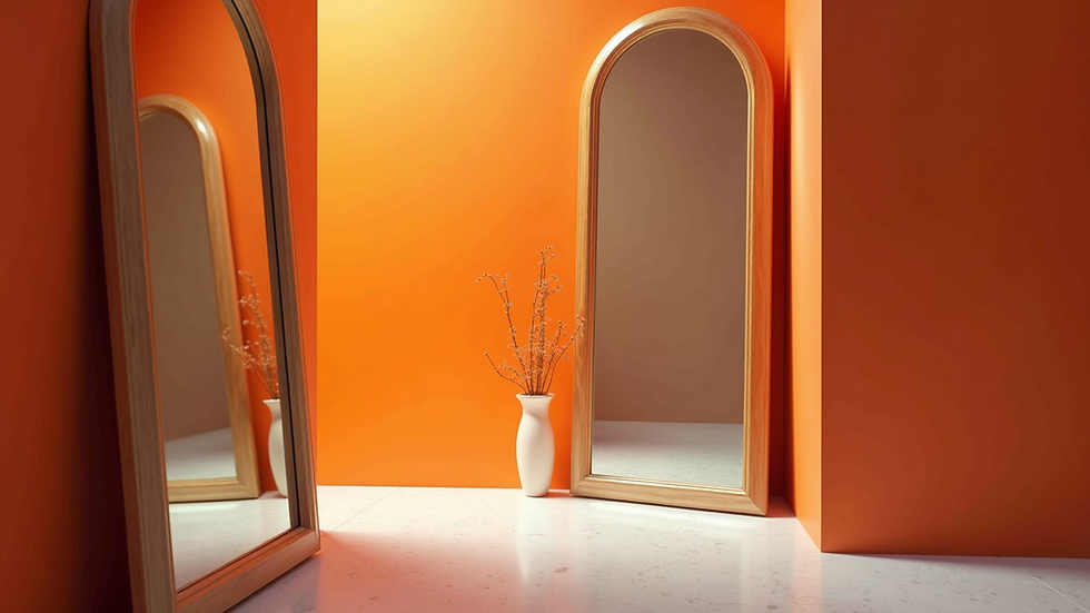 Close-up view of a room with large mirrors and bright colors