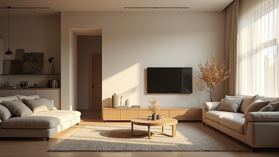 Eye-level view of a modern living room with minimalist furniture and warm lighting