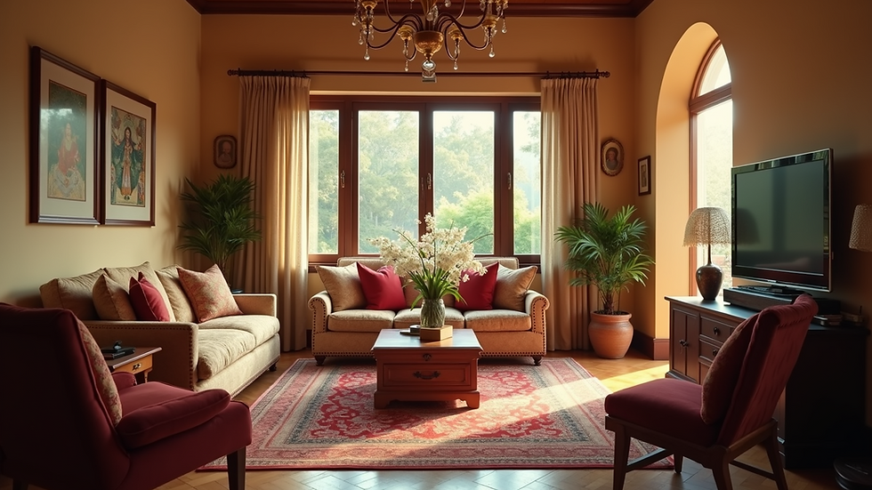 Eye-level view of a living room with traditional Indian decor