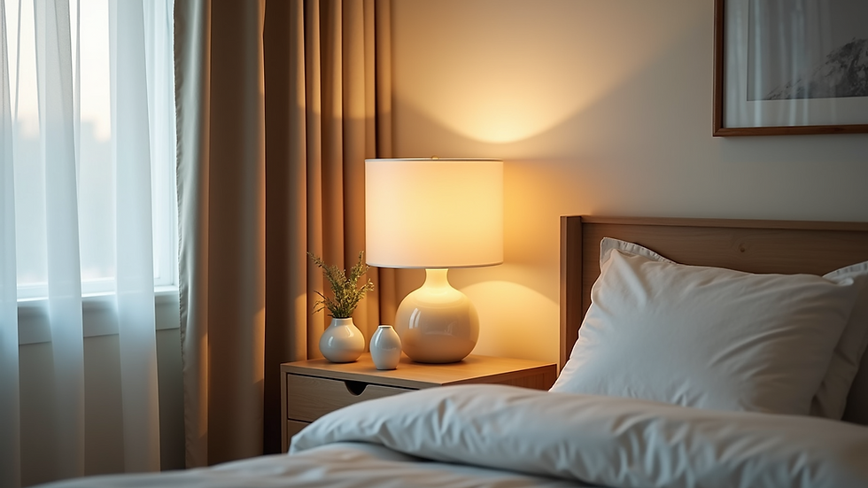 Close-up view of a bedside table with a lamp and decorative items in a softly lit bedroom