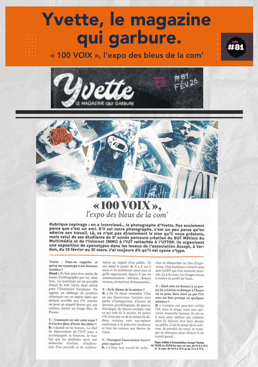 Pages du magazine Yvette consacrées à l'association ACCEPT, présentant ses actions de refuge, d'écoute et l'exposition cyanotype « 100 voix » réalisée avec l'IUT.
