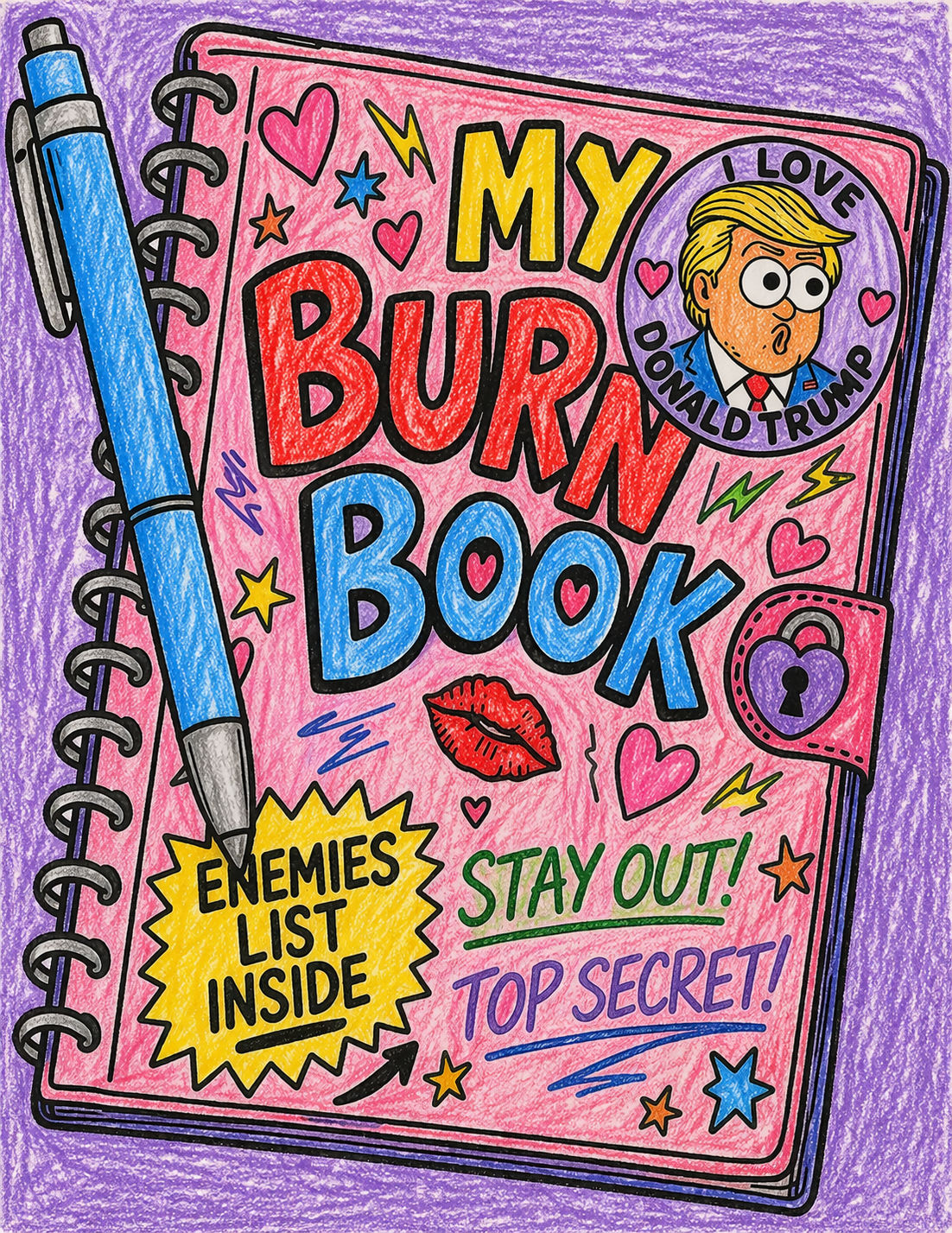 Colored example of the Burn Book cover page