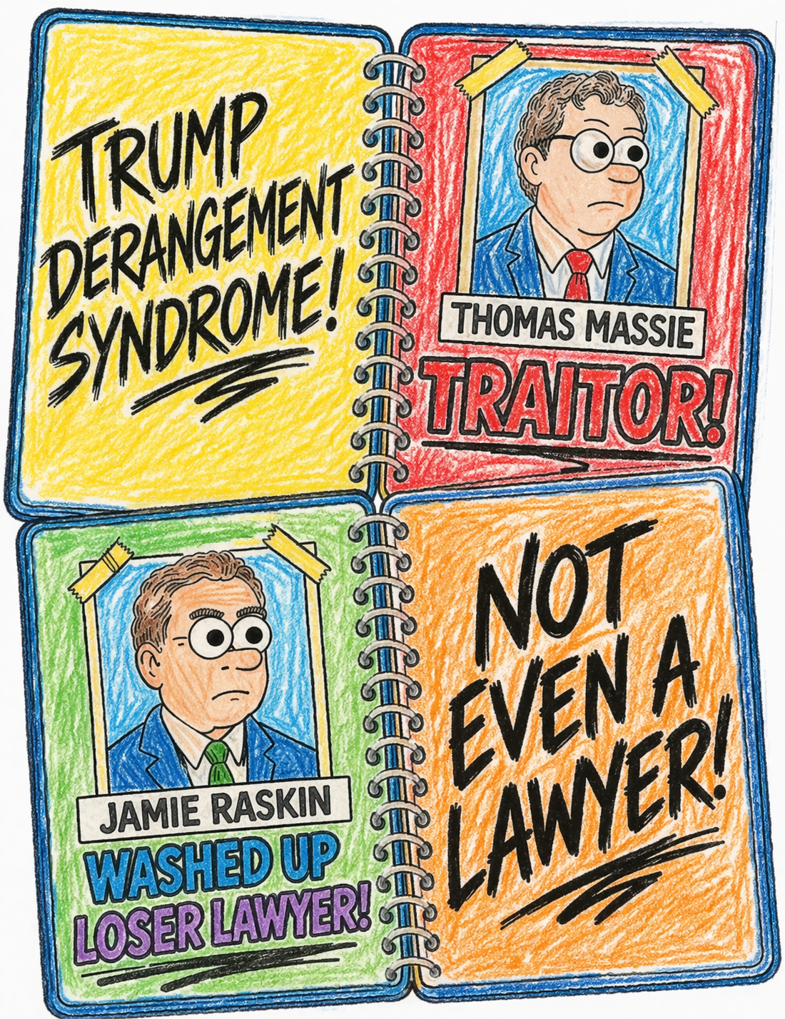 Colored example of the Massie and Raskin Burn Book spread, Pam Bondi satire