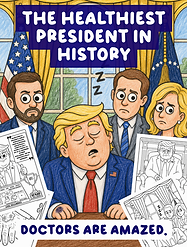Cover of The Healthiest President in History, a Trump satire coloring book — Trump asleep at a meeting while worried aides look on. Color the News monthly subscription for political satire coloring book club for adults.