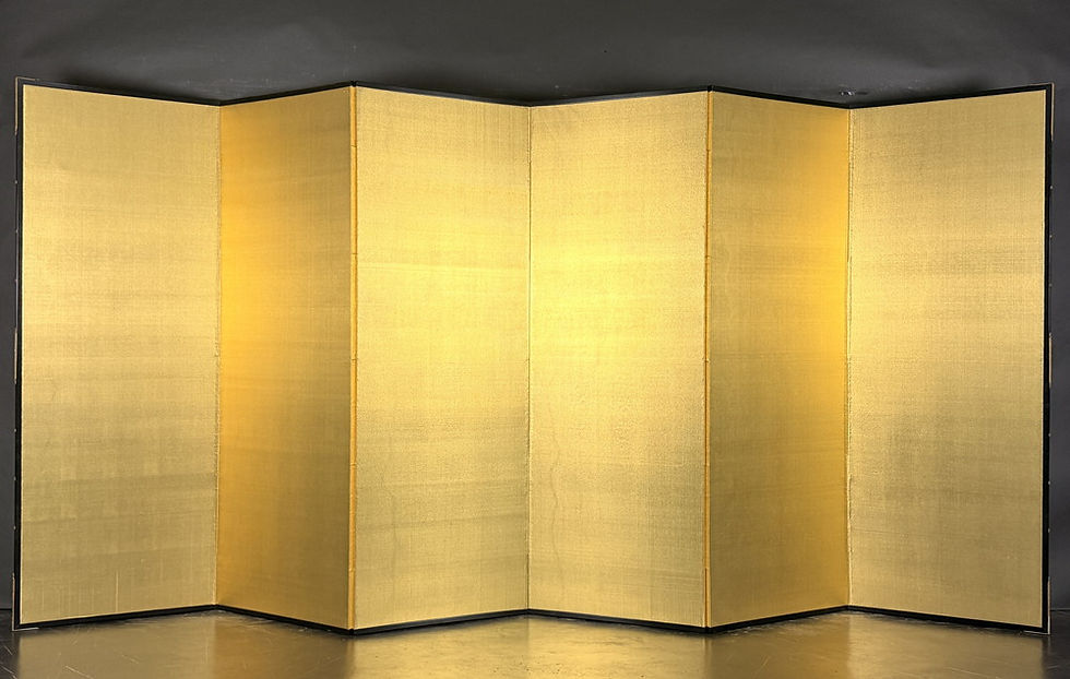 縮圖：85i 本金 絹目 屏風 六曲一双 高さ 約174cm 総重量 約28kg 金屏風 金箔 銀屏風