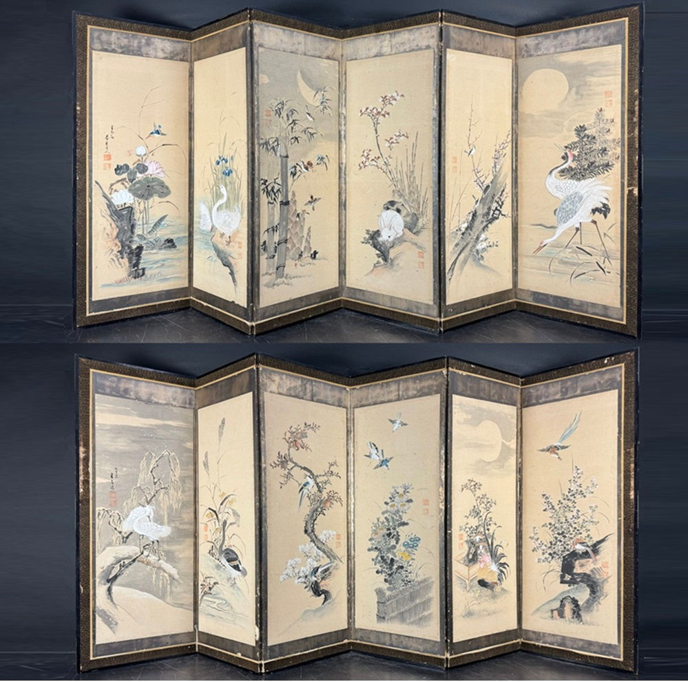 78w 恭寿道人 銘 四季花鳥図 屏風