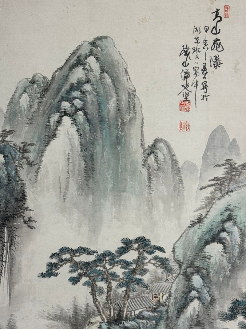 Thumbnail: 33k　矢野鐡山(矢野鉄山)筆 水墨山水画 屏風 高さ 約172cm 六曲一双 紙本肉筆 日本画