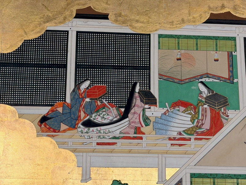 縮圖：102c　金台肉筆 源氏物語屏風 六曲一双 高さ 約169.5cm 総重量 約28kg 無落款 s