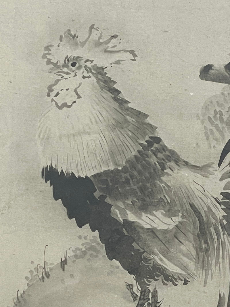 縮圖：185g 落款有 鳥と人物図 屏風