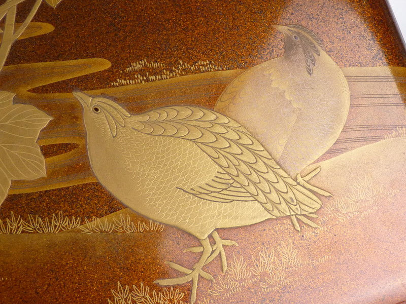 サムネイル： 時代 梨地 草花鶉蒔絵 文庫 硯箱２点セット