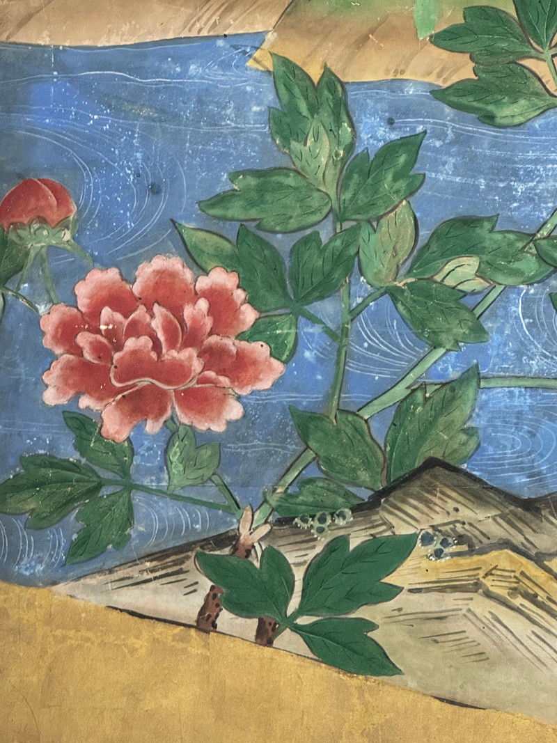 縮圖：115i　江戸期 無落款 時代 金台肉筆 花鳥図 屏風 六曲半双 日本画