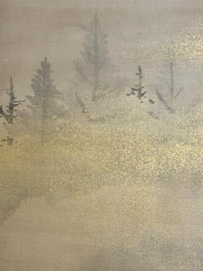 サムネイル： 212h 落款有 金砂子 水墨山水 カラス図 屏風 高さ 約171.5cm 六曲一双 絹本肉筆 山水図 水墨画 花鳥図 日本画