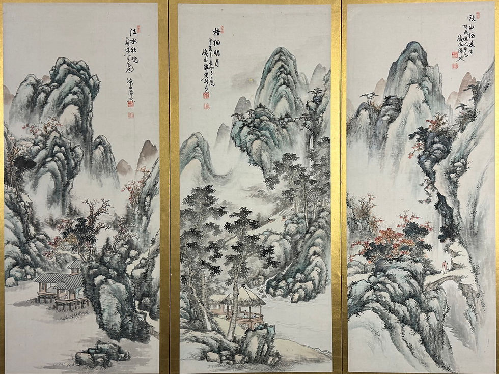 Thumbnail: 33k　矢野鐡山(矢野鉄山)筆 水墨山水画 屏風 高さ 約172cm 六曲一双 紙本肉筆 日本画
