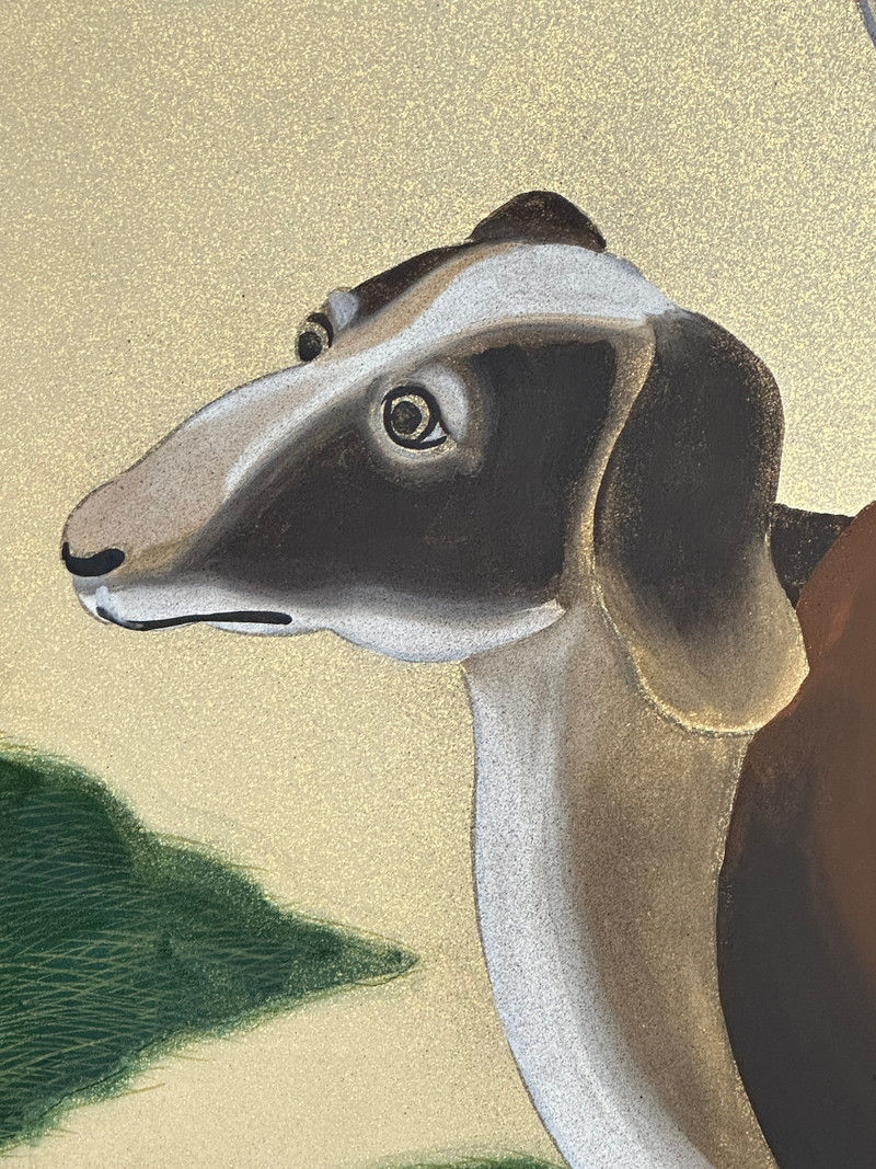 サムネイル： 7c 金台肉筆 犬の図 屏風　六曲半双
