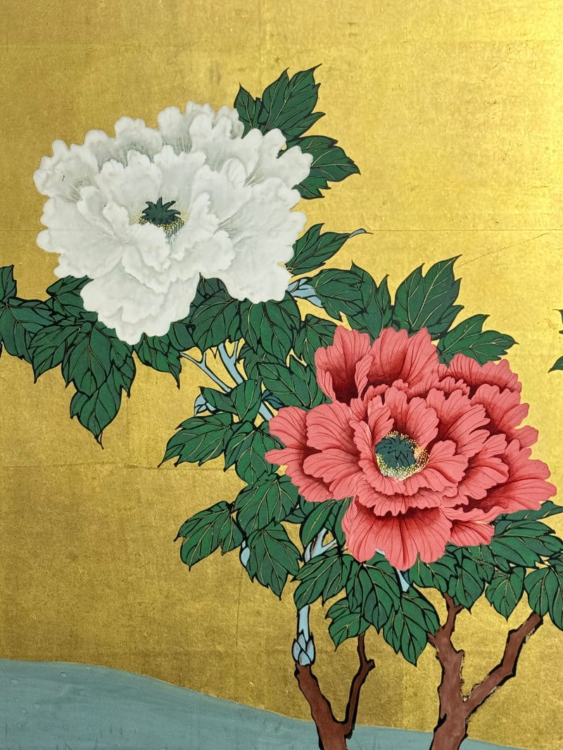 Thumbnail: 109a 落款有 金台肉筆 松竹梅 花鳥図 屏風 六曲一双 高さ 約171.5cm 日本画