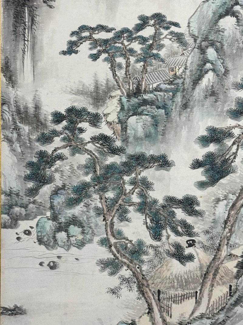 Thumbnail: 33k　矢野鐡山(矢野鉄山)筆 水墨山水画 屏風 高さ 約172cm 六曲一双 紙本肉筆 日本画