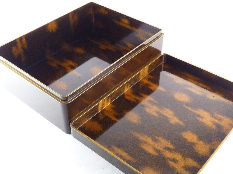 Thumbnail: Antique Black Lacquer Maki-e Writing Set – Plum & Pine Design with Nashiji Interior