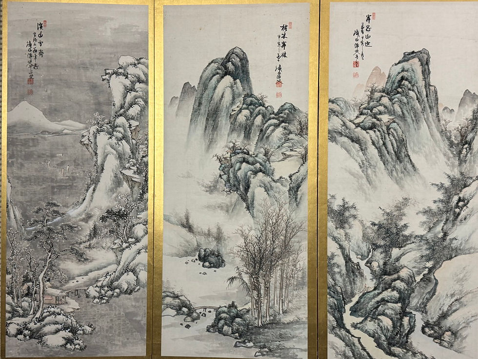 Thumbnail: 33k　矢野鐡山(矢野鉄山)筆 水墨山水画 屏風 高さ 約172cm 六曲一双 紙本肉筆 日本画