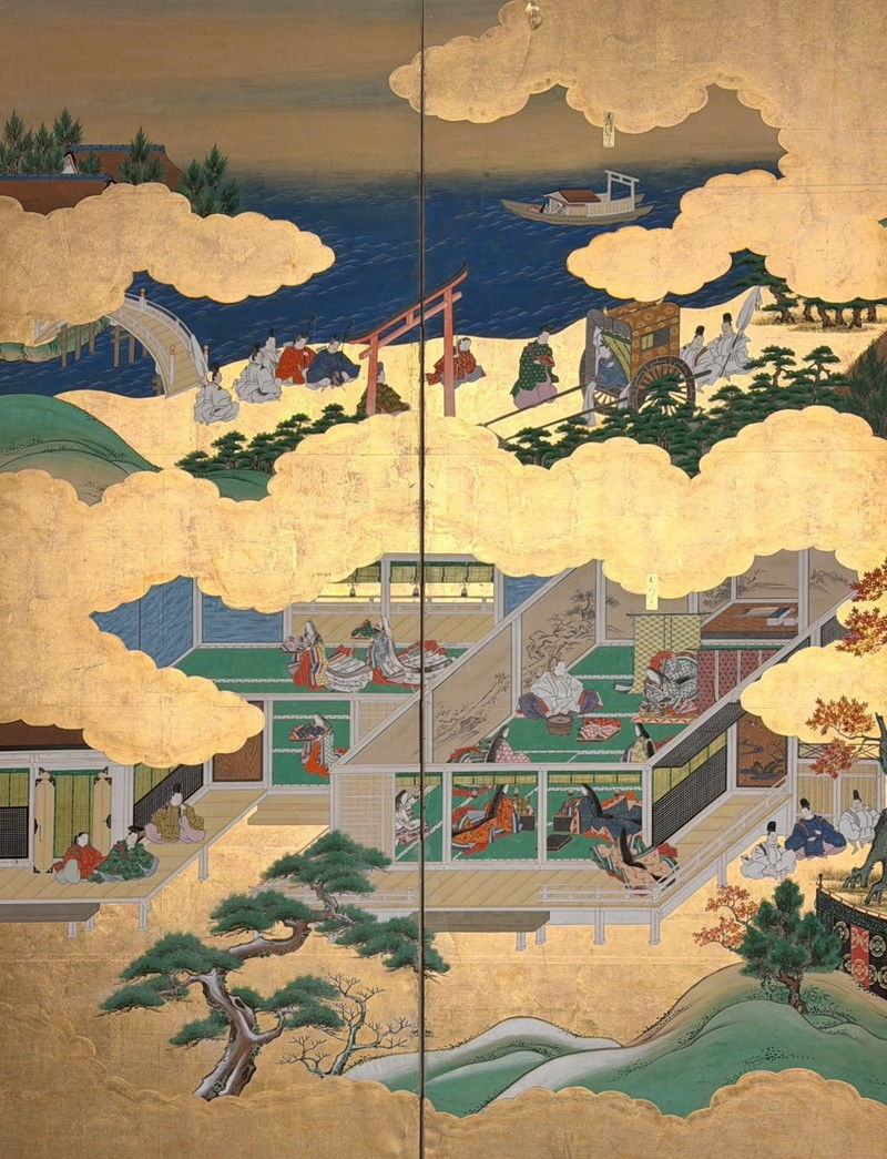 縮圖：102c　金台肉筆 源氏物語屏風 六曲一双 高さ 約169.5cm 総重量 約28kg 無落款 s