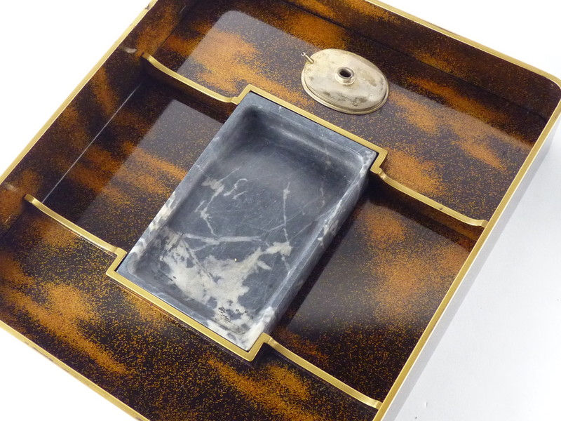Thumbnail: Antique Black Lacquer Maki-e Writing Set – Plum & Pine Design with Nashiji Interior